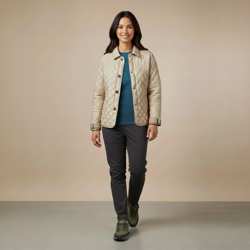 Woman standing indoors wearing a light quilted jacket styled casually in natural light.