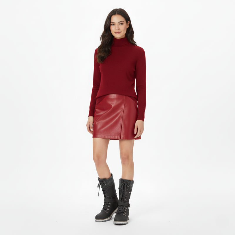 Model wearing a red knit sweater with a leather skirt and ankle boots against a white background.