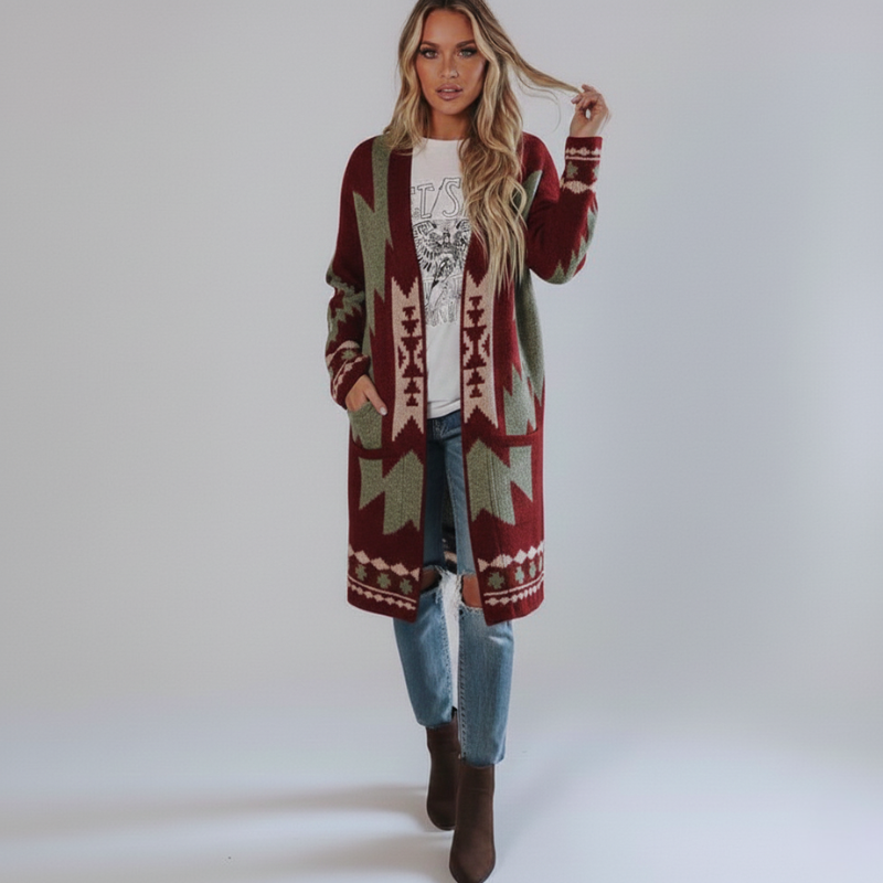 Female model wearing a long red and cream tribal knit cardigan styled with jeans in a bright studio setting.