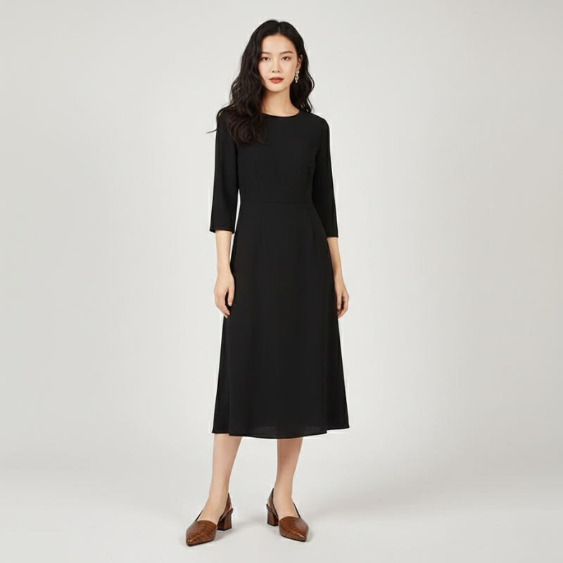 Woman wearing brown woven slingback heels styled with a black midi dress in studio lighting.