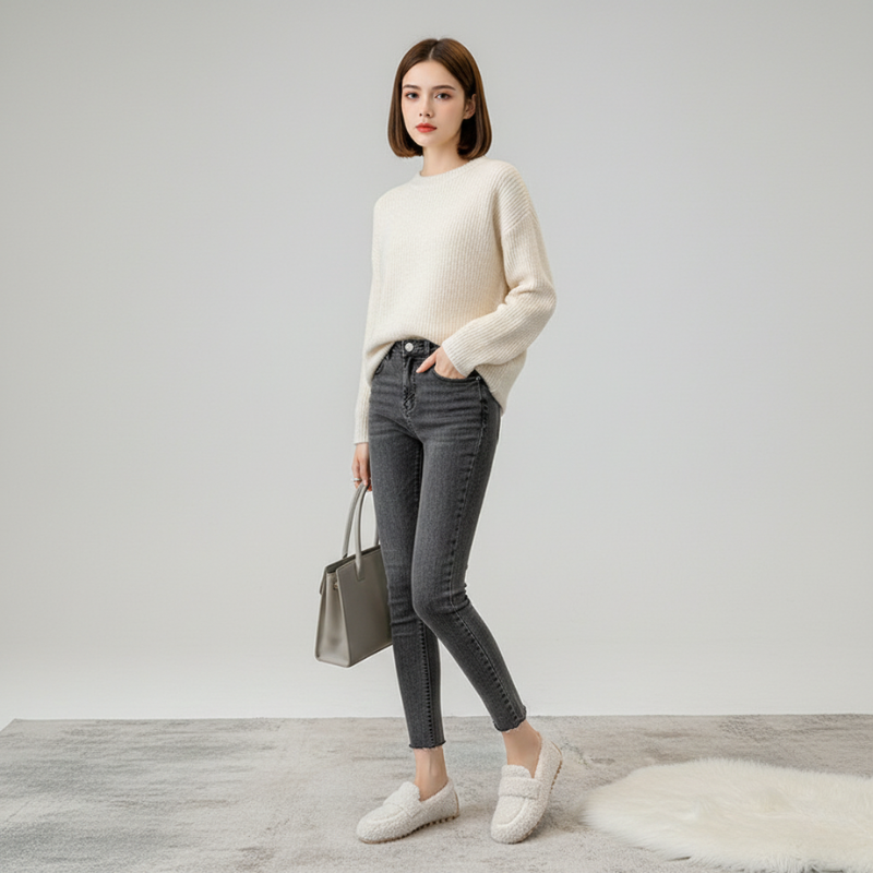 Woman wearing a cream sweater, gray jeans, and white shoes, holding a gray handbag on a light gray background.