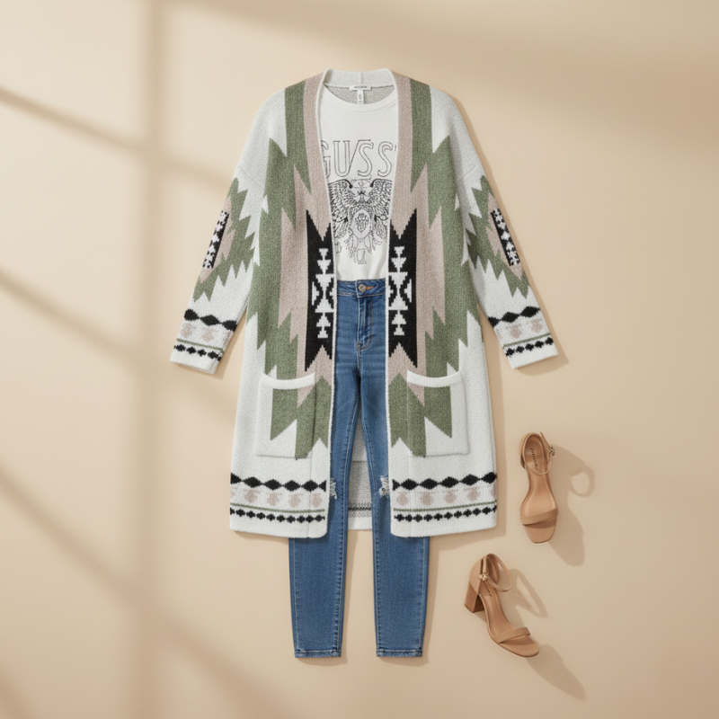 Woman standing indoors wearing a long tribal-pattern cardigan styled casually with jeans and ankle boots.