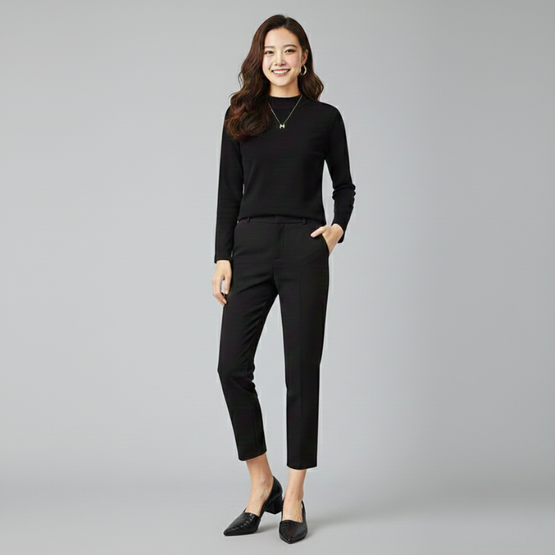 Woman wearing brown woven leather slingback heels paired with white trousers and a black top in natural indoor light.