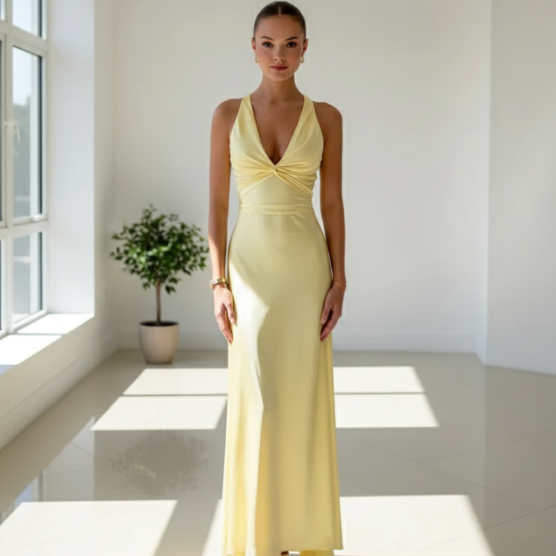 Full-body photo of a woman wearing a long yellow evening dress with a deep V-neck in bright natural light.