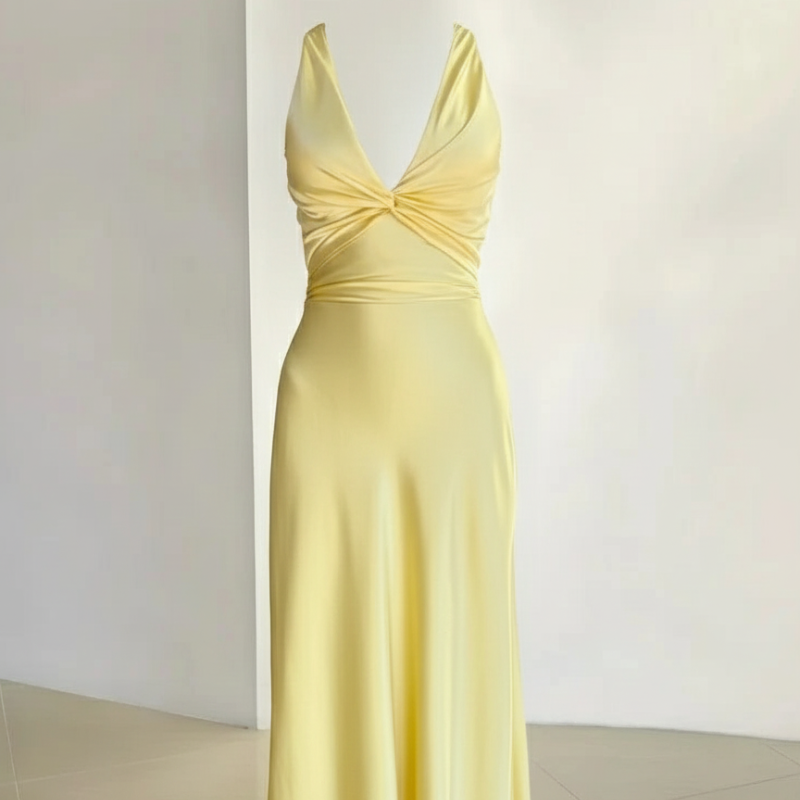 Back view of a long yellow dress with a low-cut back, sleek drape, and elegant evening silhouette.
