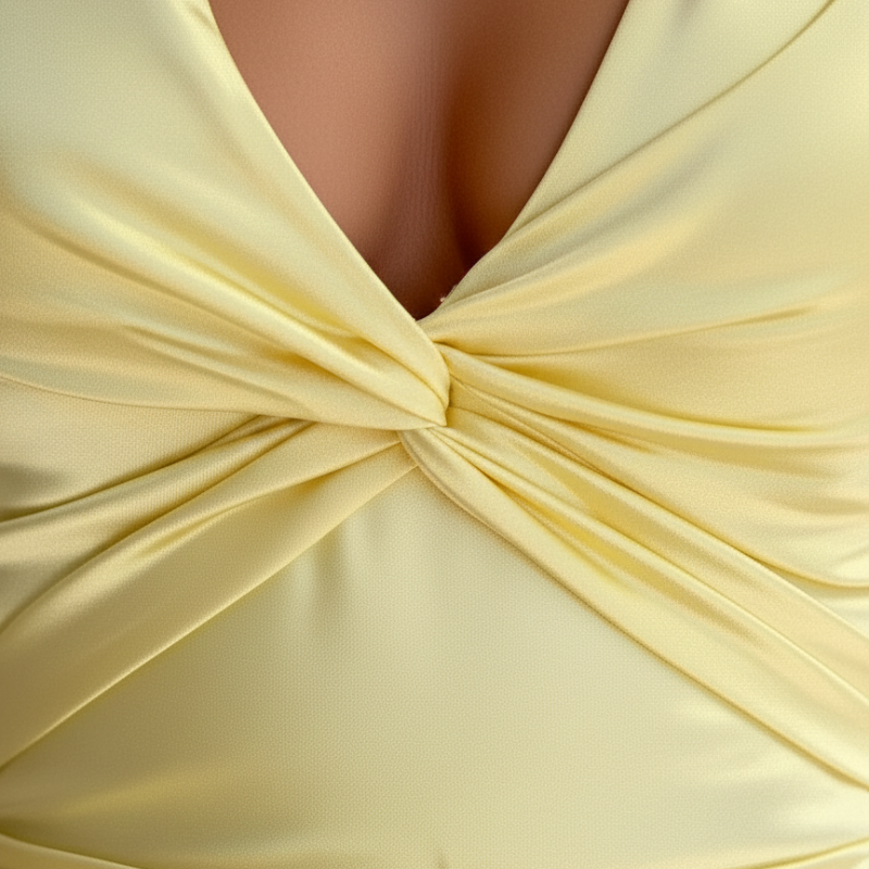 Close-up of the yellow dress front showing twisted bodice detail, soft fabric texture, and gathered draping.